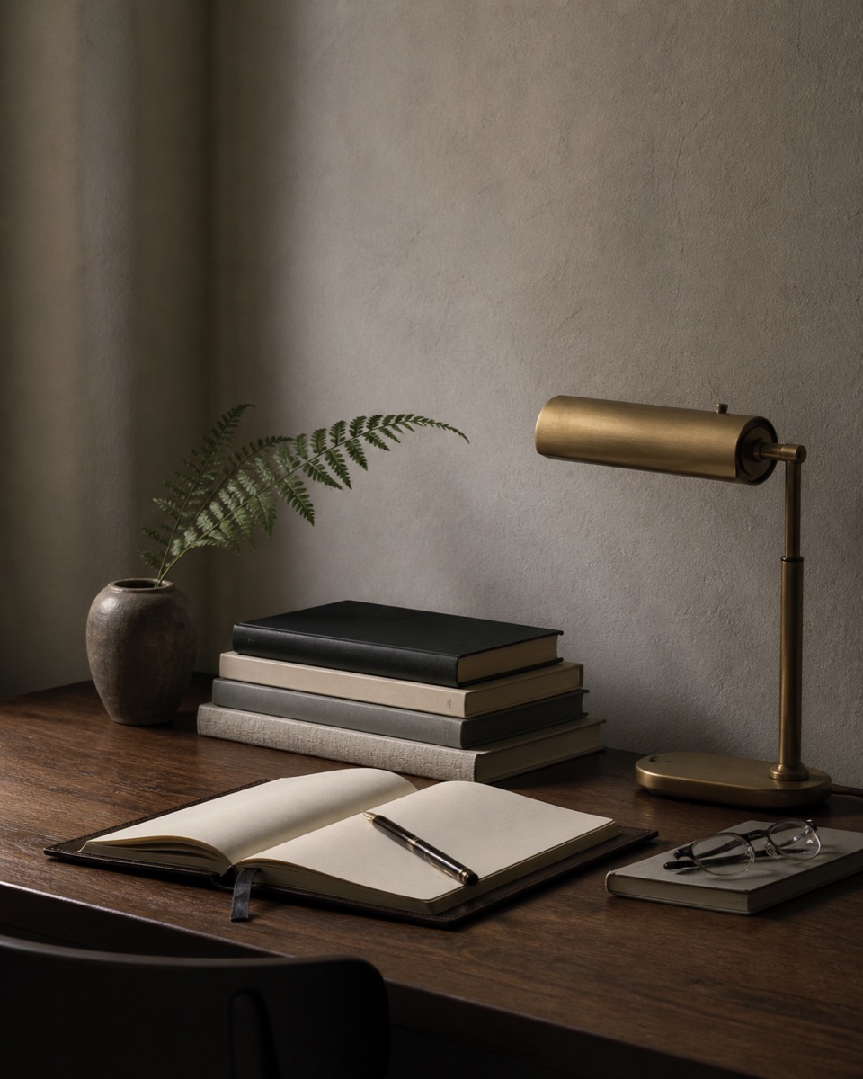A workspace — open notebook, brass desk lamp, books and a fern