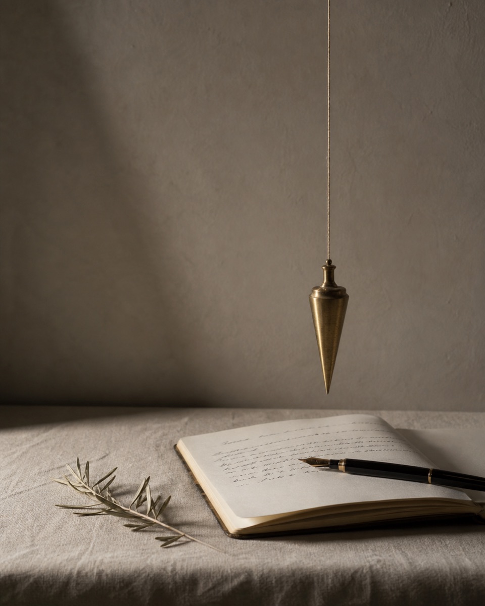 A brass plumb bob hanging over an open notebook on linen
